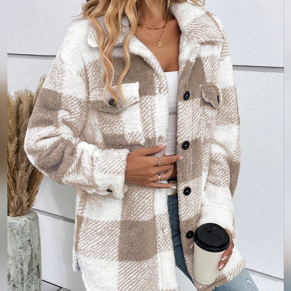 Plaid Pattern Drop Shoulder Flap Pocket Teddy Coat